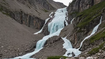 Smeltevann fra et fjell med smeltende snø og is.