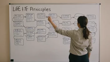 En person står foran en whiteboard med en flytdiagram over livsprinsipper, og viser hvor viktig det er å ha retningsgivende prinsipper i livet.