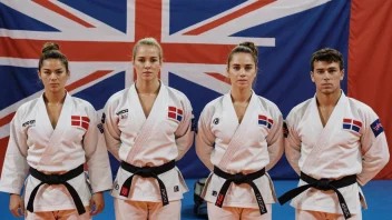 En gruppe mennesker i judodrakter som står sammen, med et norsk flagg i bakgrunnen.