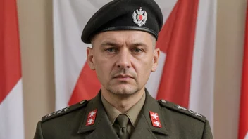 Wojciech Jaruzelski, en polsk politiker og general, iført militær uniform og stående foran et polsk flagg.