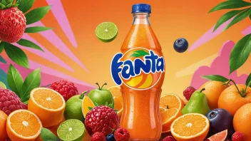 En Fanta-flaske med ulike fruktsmaker og en livlig bakgrunn.