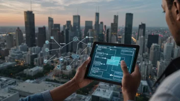 En person som holder en tablet med et flytdiagram på skjermen, med en bysilhuett i bakgrunnen, som representerer en plan for omlegging av et prosjekt eller system