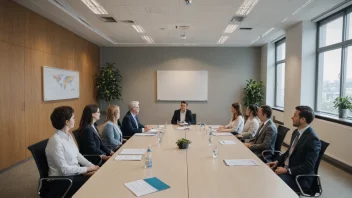 En gruppe mennesker i et møterom, med et stort bord og stoler, som tar beslutninger sammen.