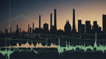 Et bilde som representerer industristatistikk, med en fabrikk og graf i forgrunnen og en bysilhuett i bakgrunnen.