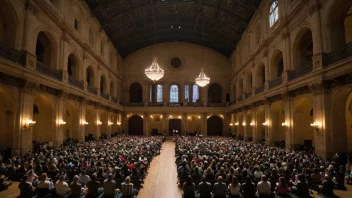 En stor, praktfull sal med høyt tak, fylt med mennesker som deltar på en konsert eller arrangement.