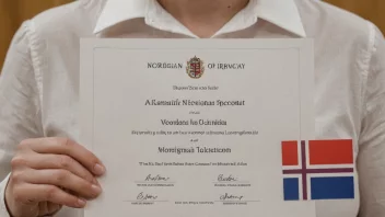 En person som holder et sertifikat med et norsk flagg i bakgrunnen.