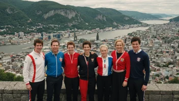 En gruppe mennesker fra Bergen, samlet sammen, muligens med sportsdrakter eller kulturelle antrekk, med en bysilhuett av Bergen i bakgrunnen.