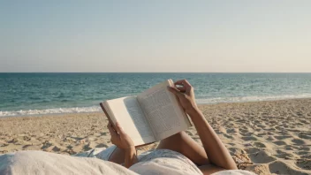 En fredelig sommerscene med en person som nyter en bok på stranden.