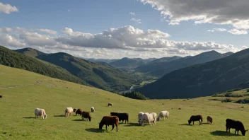 Et naturskjønt bilde av et fjellområde med en seterrømmen i forgrunnen, hvor husdyr beiter.