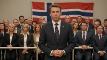 En folkepartileder som står foran en folkemengde, med et norsk flagg i bakgrunnen.