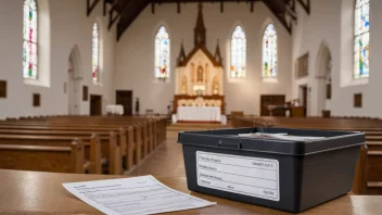 En kirke med en kollektplate, som symboliserer kirkeskatten.