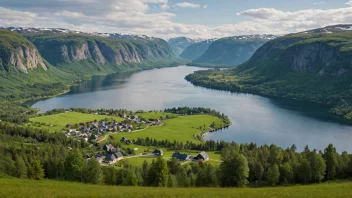 Et idyllisk bilde av en norsk dal eller innsjø med en liten landsby eller by i bakgrunnen.