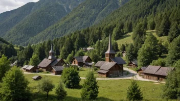 Et idyllisk tettsted i Norge med tradisjonelle trehus og en kirke.