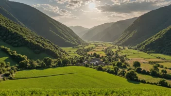 Et pittoreskt dal med jordbruksland og gårder, som representerer et Matredal.