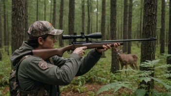 En jeger i kamuflasje, holder et gevær og sikter på en hjort i en skog.