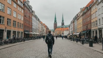 En person som går i gatene i København, med byens ikoniske bygninger og kanaler i bakgrunnen.