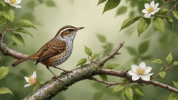 En annammer fugl sittende på en gren med blader og blomster i bakgrunnen.