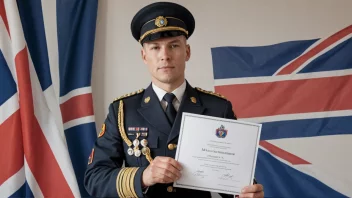 En norsk militæroffiser holder stolt et sertifikat, med et norsk flagg i bakgrunnen.