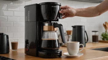 En person som berter kaffe i en kaffemaskin, med en kopp kaffe i forgrunnen