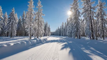 Et vinterlandskap med en 5 kilometer lang langrennsløype som slynger seg gjennom snødekte trær under en klar blå himmel.