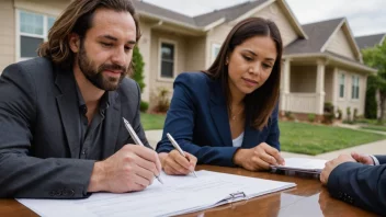 En utleier og en leietaker signerer en leieavtale, med et hus eller en leilighet i bakgrunnen.