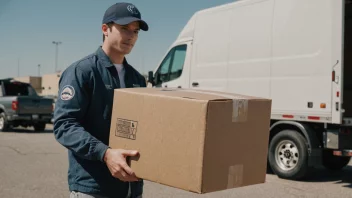 En person som holder en pakke med en lastebil i bakgrunnen, symboliserer transport