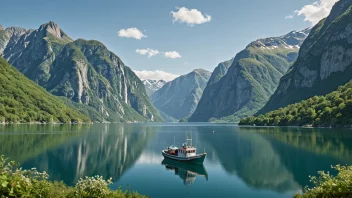 Et bilde av en fjord med en bærekraftig fiskebåt, som illustrerer konseptet fjordbruksplan.