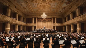 En klassisk musikkonsert med et symfoniorkester som spiller i en stor sal.