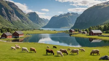 Et vakkert norsk fjellgårdslandskap med en rolig innsjø og beitende dyr.