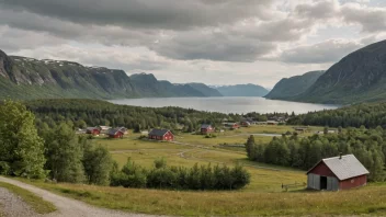 Et idyllisk norsk landskap med en liten landsby eller et enkelt hus