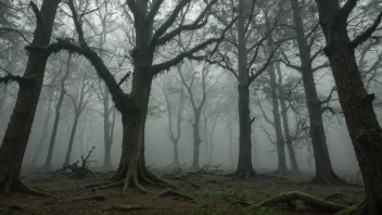 Et bilde av en gammel skog med gamle trær og tåkete atmosfære, som representerer det mystiske og gamle begrepet fjorgamle.