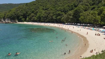 En vakker strand med rolige vann, perfekt for svømming og soling.