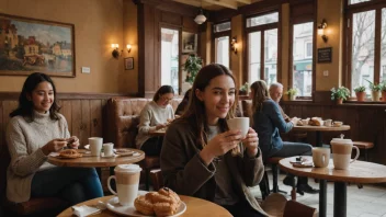 En travel kafé med en variasjon av kunder, fra studenter som studerer til venner som møtes.