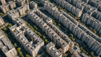 Flyfoto av en blokkbebyggelse i en by med flere sammenbygde hus