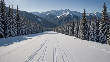 Et skispor i snøen, med en skiløper i bakgrunnen.