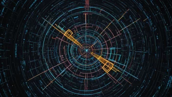 En abstrakt fremstilling av et kodet språk eller et system av symboler, med en blanding av geometriske former og farger.