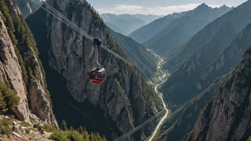 En gondolbane med vogner som henger fra en kabel, som transporterer mennesker over et kupert terreng.