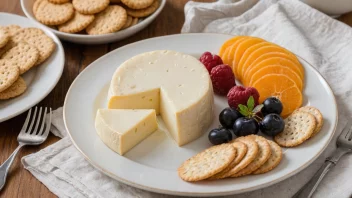 En tallerken med ystet, en tradisjonell norsk ostrett, servert med knekkebrød og frukt.