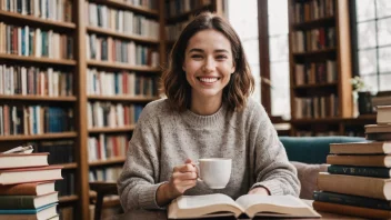 En glad person som leser en bok på biblioteket.