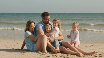 En familie på en strand i et sydlig land, som slapper av og nyter solen og sjøen.