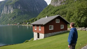 En person fra Voss, Norge, står stolt foran et tradisjonelt norsk hus med en storslagen fjord i bakgrunnen.