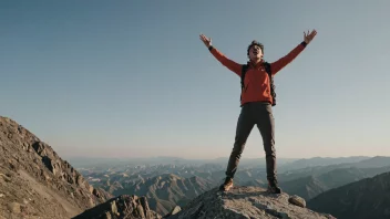 En person som står på toppen av et fjell, med en triumferende uttrykk.