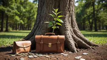 Et bilde som representerer konseptet såkornkapital, viser en liten plante som vokser til et stort tre, med en koffert og en pengesekk ved siden av.