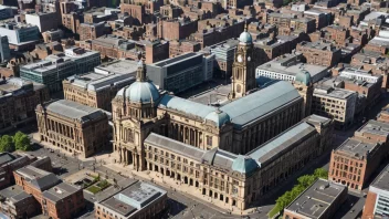 Flyfoto av Leeds sentrum med historiske bygninger og museer