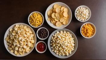 Et utvalg av snacks, inkludert chips, popcorn og kjeks, arrangert på en bord eller tallerken.