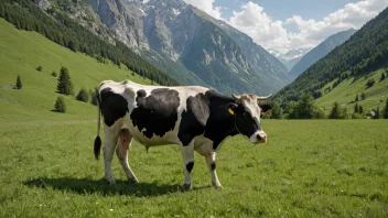 En ku som beiter på en grønn eng med et fjellandskap i bakgrunnen.