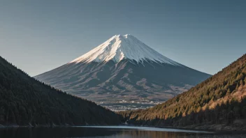 Et fredelig landskap med et majestetisk fjell som har en symmetrisk kjegleformet topp, omgitt av frodige grønne skoger og en klar blå himmel.