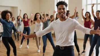 En person som danser foran en gruppe mennesker, med et selvbevisst uttrykk og en tydelig følelse av ledelse.