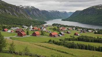 Et idyllisk norsk landskap med rullende åser og en liten landsby i bakgrunnen