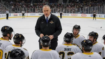 En ishockeytrener i aksjon, som guider spillere under en kamp.